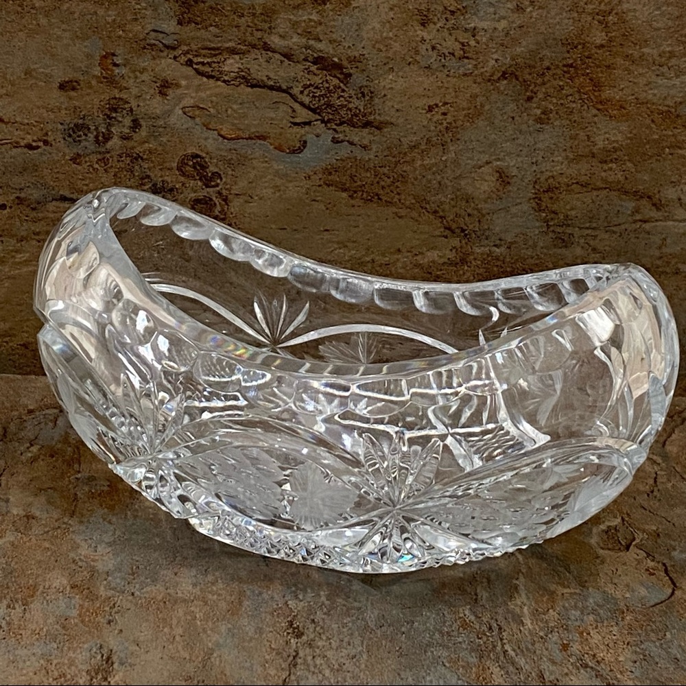 Vintage Cut To Clear Bohemian Czech Etched Clear Crystal Boat Bowl